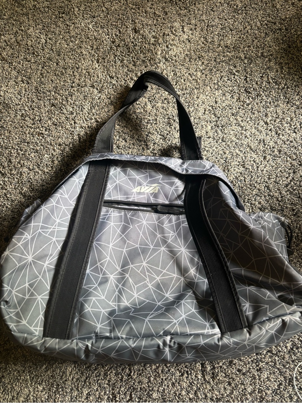 Avia Gray Geometric Print Duffel Bag with Black Straps